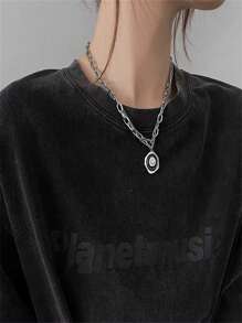 A Stainless Steel Double-Layer Layered Smiling Face Pendant Necklace For Women, Sweet, Cool And Fashionable - Silver - View 3