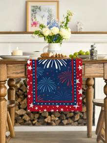 Patriotic 4th Of July Table Runner - Stars & Fireworks Design, Linen Blend, Perfect For Independence Day & Memorial Day Decor, Available In Multiple Sizes
