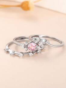 3pcs/Set Exquisite Y2K Pink Zirconia Rings Female Elegant Accessories For Engagement Gold Color/Silver Color Party Wedding Jewelry - Ring Set - View 22