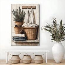1 Pc Framed Laundry Room Decor, Laundry Baskets, Vintage Country Print Wall Art Textured Canvas Poster Painting Wall Decor For Bedroom Living Room, Ready To Hang