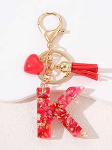 时尚红色首字母钥匙扣 A-Z 英文字母钥匙扣爱心流苏挂饰 女士背包手提包装饰 情人节圣诞礼物创意