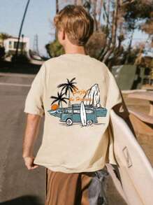 Camiseta de cuello redondo con estampado de playa para niño preadolescente, camiseta casual de verano para niños, camiseta suave