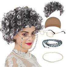 老奶奶假发 COS 老妇人服装 短卷发 爷爷 中年 老年 素描 奶奶 Cosplay 套装 搞笑老奶奶装扮套装 戴假发 帽子 珍珠项链 眼镜 链条 逼真奶奶服装假发 老奶奶服装套装 - 彩色 - 查看 2