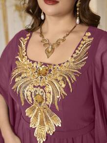 SUPGIR Plus Square Neck Long Sleeve Gold Sequin Dress, Elegant Dress, Party Dress, Wedding Guest Dress, Formal Dress, Evening Dress,Gown