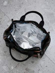 新款大容量加厚针织提花手提袋，带铝箔隔热层的午餐盒包，拉链半开式设计，多口袋户外妈妈收纳包 - 黑色 - 查看 7