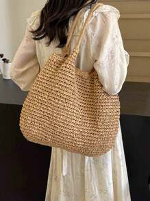 Fashion Large Capacity Holiday Beach Bag, Women Straw Tote Shoulder Bag, Casual Woven Shoulder Bag Suitable For Travel, Beach, Picnic, Great Gift For Ladies & Mothers, Summer Straw Beach Bag For Women, Vacation Essentials, Perfectly Matching With Beach Accessories Women, Fashion Summer Vacation Bag, Beach Essentials Women Bags For Vacation & Holiday, Perfect For Summer, Vacation & Beach, Hottest Beach Bags - Khaki - View 4