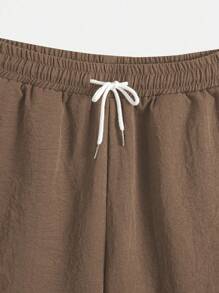 男士休闲时尚套装，短袖开衫搭配抽绳短裤，两件套，纯色撞色拼接设计，宽松版型衬衫和短裤 - 卡其色 - 查看 5