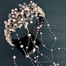1pc Elegant Silver Pearl Crystal Tassel Headband, Handmade Shiny Bridal Headdress Accessories Suitable For Wedding, Party, All Seasons