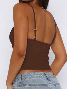 女士纯色镂空褶皱修身性感吊带背心，音乐节Y2K风格夏季优雅款 - 咖啡棕 - 查看 3