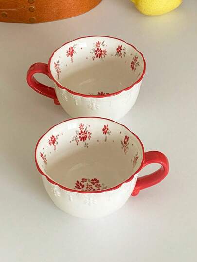 Elegant & Fresh Ditsy Floral Red Ceramic Mug, Glazed Embossed Afternoon Tea Cup, High-End Coffee Cup, Red Tea Cup
