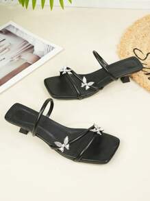 经典时尚新款女士休闲系带闪光蝴蝶和珍珠装饰小猫跟凉鞋 - 黑色 - 查看 3