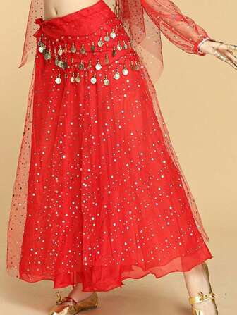 Damen Bauchtanz Rock Bollywood Tanz Pailletten Rock Damen Chiffon Rock + Hüftkette Bauchtanz Kostüm Bühnenkostüm