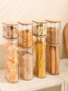 1pc Kitchen Bamboo Lid Thick Transparent Airtight Sealed Jar, Material Large Opening Canister For Beans, Pasta, Cookies, Snacks, Simple Design Bamboo Lid Large Capacity Food Storage Container