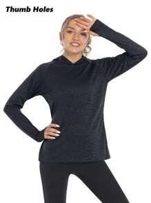 Women's Summer UPF50+ Sun UV Protection Hoodie Shirts Outdoor Long Sleeve Hiking Athletic T-Shirt With Thumb Holes Breathable Lightweight Tee Tops - 黑色 - 查看 5