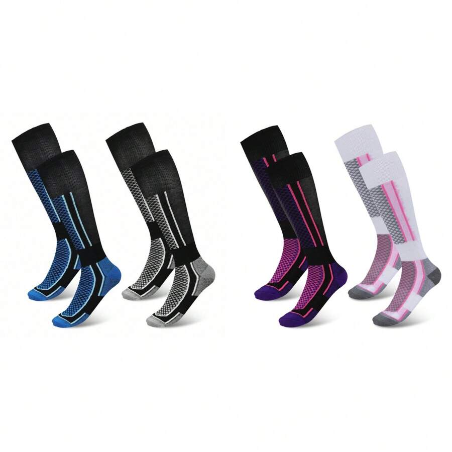 2 双保暖滑雪袜男女冬季保暖足球运动袜寒冷天气厚及膝袜适合滑雪、单板滑雪、户外运动高性能滑雪袜（灰色 + 蓝色/紫色-黑色 + 粉色-白色） - 彩色 - 查看 1