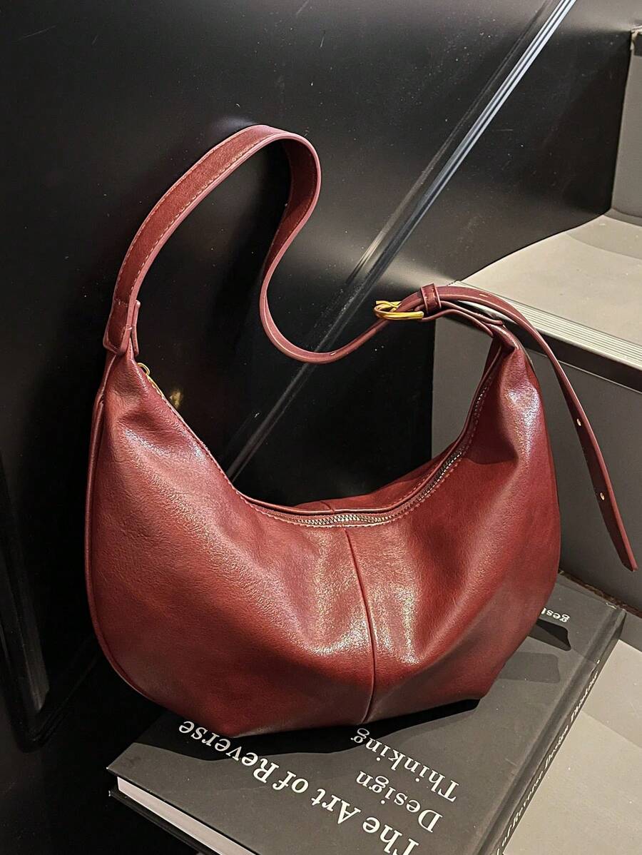 1 件 PU 皮革新月形大容量手提包，适合成年女性时尚装扮和户外购物，时尚酒红色包 - 酒紅色 - 查看 1