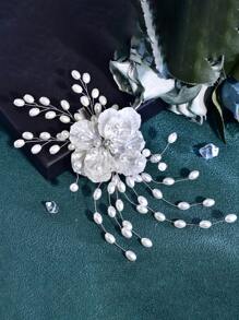 1 件优雅树脂花朵串珠珍珠新娘发夹，女士发饰头饰适合婚礼派对 - 銀色 - 查看 4