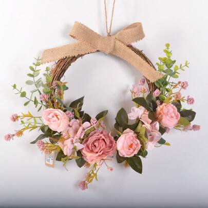 1 Stück künstlicher Blumenkranz, Landhausstil Eingangsbereich Blumendeko, Künstlicher Blumengirlande mit Schleife, Dekoration zum Aufhängen an Wand/Tür/Fenster Zuhause