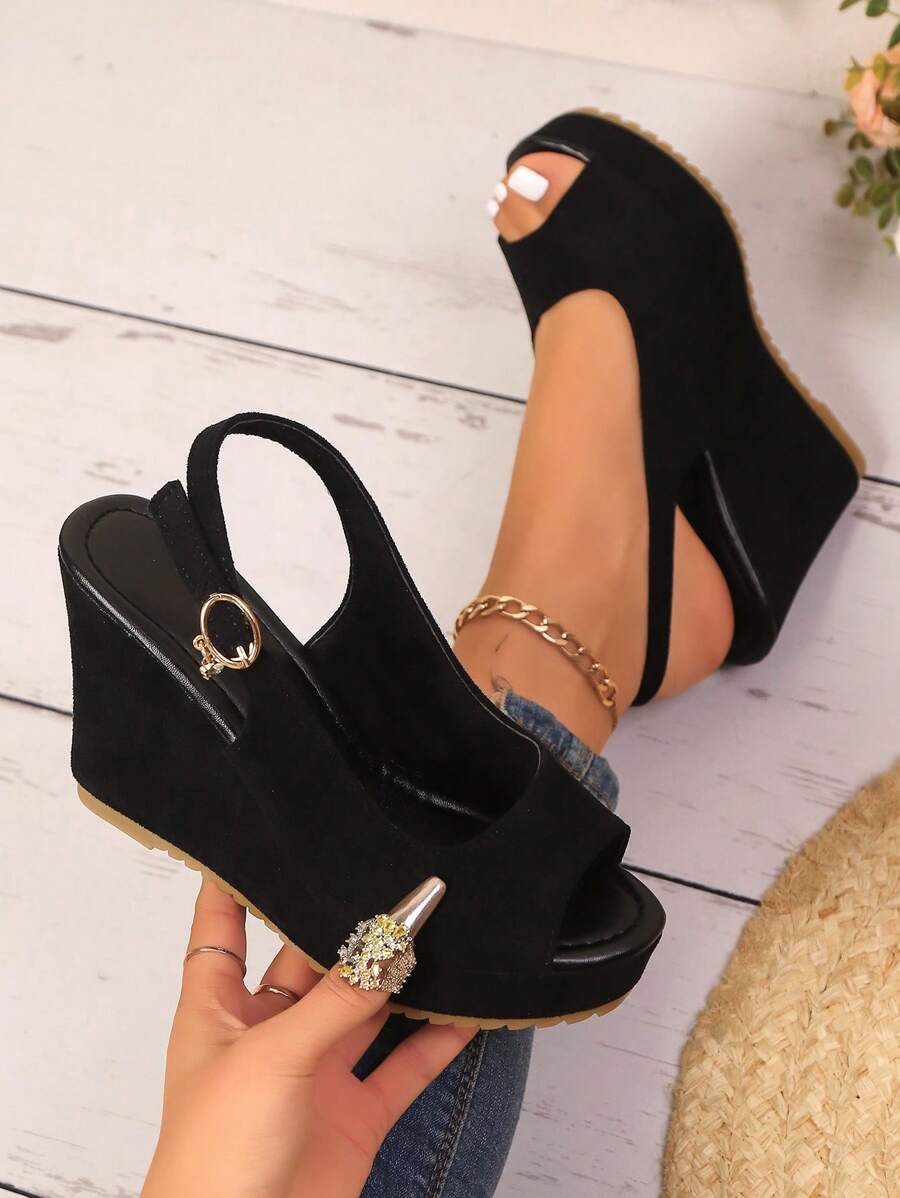 2026 New Fashion Women's One-Buckle Bow Rhinestone Decor Adjustable PU Strap Thick Sole Wedge Heel Classic Sandals - Black - View 1