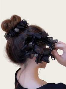 1个极简发髻网纱蝴蝶结水钻发饰，优雅盘发工具 / 1个可爱蓝色花朵发夹，侧刘海发夹，甜美女孩发卡，度假装扮，派对造型，发饰，头部饰品，女士发饰 - 黑色 - 查看 6