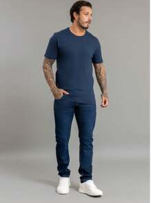 Calça Jeans Slim Fit Confortável Lavagem Escura Masculina - Azul - Visão 6