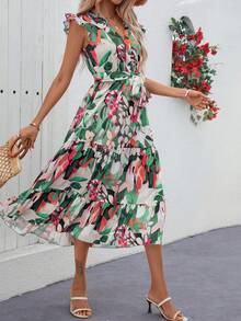 女士V领印花系带荷叶边下摆休闲度假短袖连衣裙，夏季优雅 - 綠色 - 查看 5