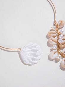 1pc Fashionable Boho Retro Style Resin Seashell & Faux Pearl Beaded Tassel Iron Choker Necklace, Suitable For Activities, Beach Party And Gifts (Seashells And Faux Pearls Vary In Size And Quantity) - Multicolor - View 8