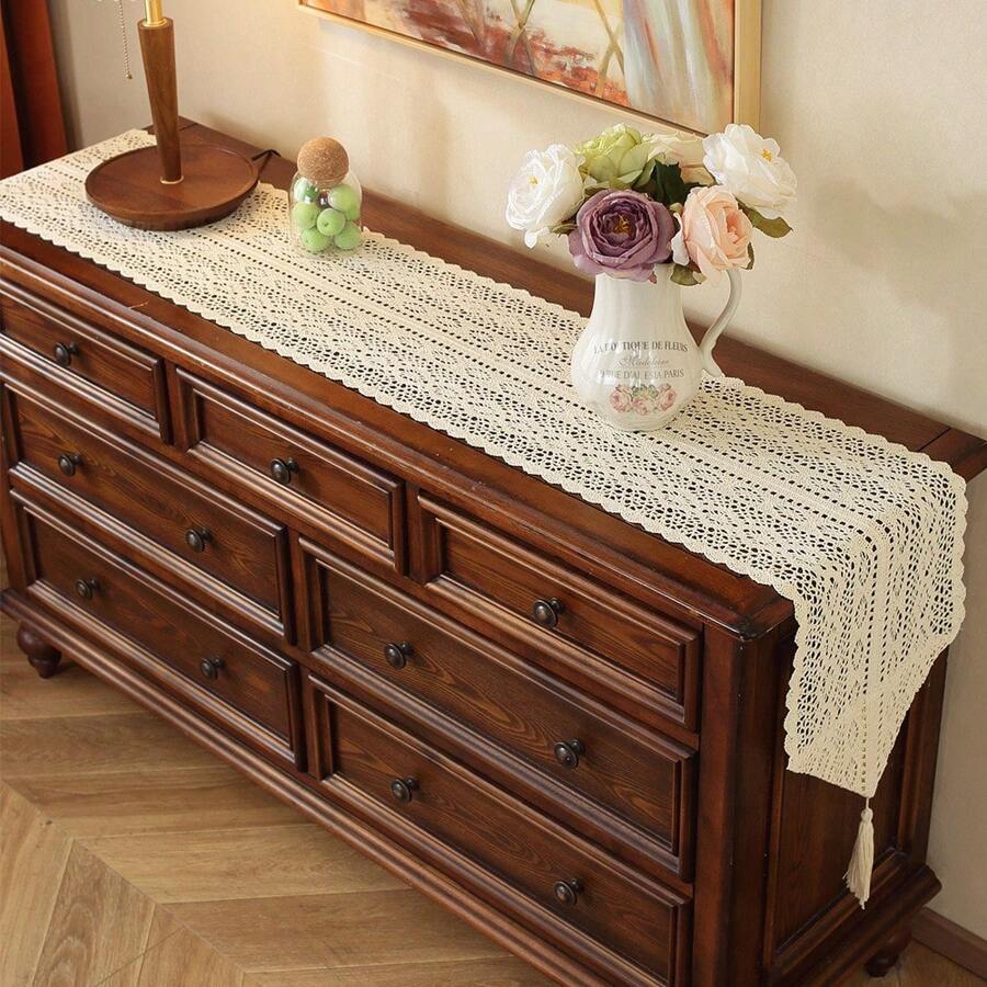 1pc American Country Style Handmade Lace Tassel Table Runner, Decorative For Kitchen, Wedding, Party, Living Room, Dresser