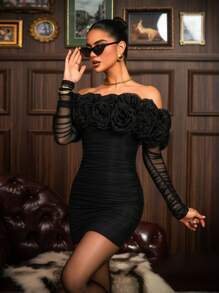 Faeriesty Distinctive Off-Shoulder Mini Dress With Ruffle Rose Floral Pattern - Sheer Sleeves And Fitted Silhouette, Suitable For Casual And Evening Occasions - Black - View 4