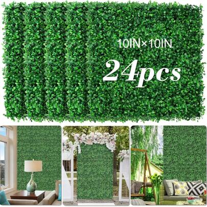 24/12Pcs 10"X10" Artificial Grass Wall, Boxwood Hedge Wall Panels UV-Anti Grass Backdrop Wall Decor, Greenery Privacy Hedge Screen For Indoor Outdoor Patio Balcony, Party Garden Fence Decoration