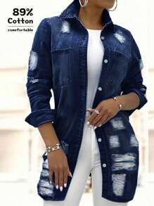 Women's Casual Mid-Length Distressed Washed Denim Jacket, Autumn - Blue - View 1