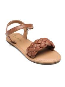 Girls Sandals Classic Open Toe Braided Flat Sandals Summer Dress Shoes - Brown - View 5