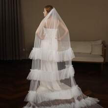 1pc European Style Long-Train Wedding Bridal Dress, Handmade Ruffled Elegant & Minimalist Veil Fall Clothes For Women - White - View 4