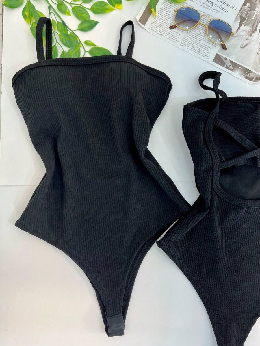 Women's Bodysuit With Braided Straps, Seersucker, Fashion Blogger - 黑色 - 查看 1