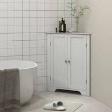 Kleankin Triangle Bathroom Cabinet, Corner Bathroom Storage Unit With Adjustable Shelf And Recessed Door, Free Standing, White