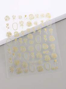 3D 指甲贴纸金色激光玫瑰花朵 Y2K 全息花卉花瓣粘性滑块 DIY 美甲配件 2 件 - 金色 - 查看 4