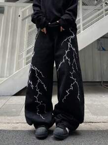 1 stuk heren losse pasvorm bliksem borduurwerk flared jeans, vintage Americana hiphop streetwear