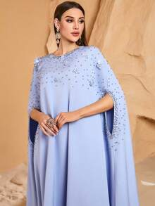 Women's Elegant Conservative Arabic Style Dress With Heavy Bubble Pearl Rivet Rhinestone Embellishment, Modest Abaya - Blue - View 4