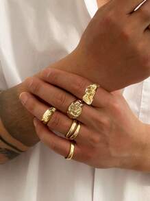 5pcs Minimalist Geometric Liquid Metal Rings Set, Adjustable Fashionable Punk Jewelry For Men