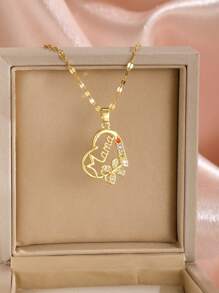 1pc Elegant Rhinestone Butterfly Heart Pendant Necklace, Mother's Day Gift - one-size - View 8