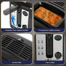 1pc 30.5x24.5x22.5cm Deep Fryer, 2.5 Liter Capacity, 1650W, Non-Stick Coated, Detachable Frying Basket, Multi-Level Temperature Control, Efficient Heating Element, Transparent Window, Power Indicator Light, Black Color, Suitable For Frying French Fries, Chicken Nuggets - EU F Type Plug(220-240V) - View 6