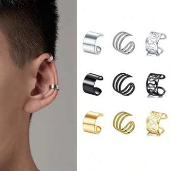 3Pcs Men's Ear Clip Punk Street Style Hollow Out Design False Perforated Earrings