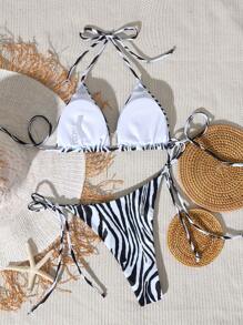 Zebra Print Tie-Up Halter Sexy Women Tankini Bikini Swimsuit - Black Zebra Print - View 5