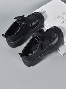 1 Pair Fashionable & Elegant Children's Loafers, Classic Retro Matte PU Leather, Stylish Bow Decor, Slip-On Design With Comfortable Lining, Suitable For Babies' Daily Wear, Matching Various Adorable Dresses, Attending Activities, Oxford-Style Shoes - Black - View 3