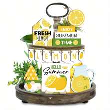 1 套夏季分层托盘装饰标志套装，农舍装饰木制节日派对装饰柠檬海滩主题装饰木质标志用于家居装饰夏季家居装饰装饰标志牌匾（柠檬风格）