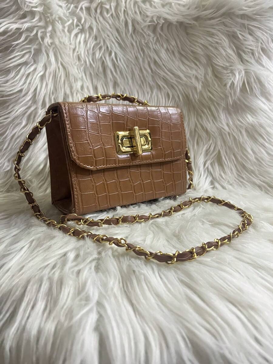 Women's Crocodile Shoulder Bag With Crossbody Strap And Swivel Closure - Brown - View 1