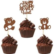 12/24 Stücke "Wir können es kaum erwarten" Thema Cupcake Topper, Glitzer Bär Cupcake Picks, geeignet für Gender Reveal Thema Geburtstagsparty Kuchen Dekoration, Braun - Verschiedenfarbig - Übersicht 1