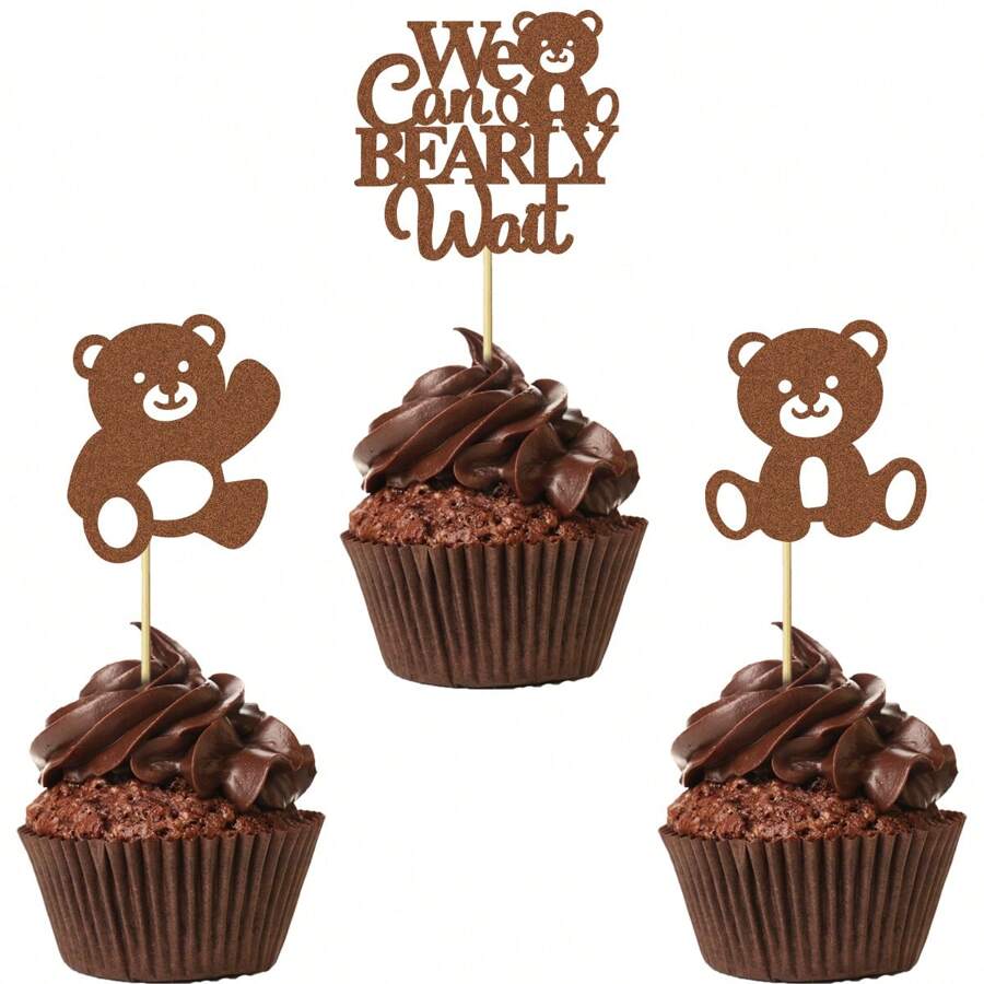 12/24 Stücke "Wir können es kaum erwarten" Thema Cupcake Topper, Glitzer Bär Cupcake Picks, geeignet für Gender Reveal Thema Geburtstagsparty Kuchen Dekoration, Braun - Verschiedenfarbig - Übersicht 1