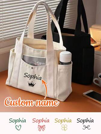 Custom Name Canvas Tote Bag, Personalized Tote Bag For Women, Customized Name Travel Cosmetic Bag, Customizable Large Capacity Shoulder Bag, Birthday Gifts, Stationery Bag, Handheld Party Bag, Middle School Students, High School Senior High School Students, College Students, University Students, Freshman, Sophomore, Underclassmen,Customized Women Shoulder Bags,Easy Comfort,Bags & Luggage,2025 Halloween Accessories,Essential For Daily Travel
