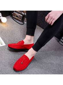 男士透气一脚蹬休闲皮革乐福鞋，轻便复古英伦风格莫卡辛鞋，夏季 - 紅色 - 查看 3